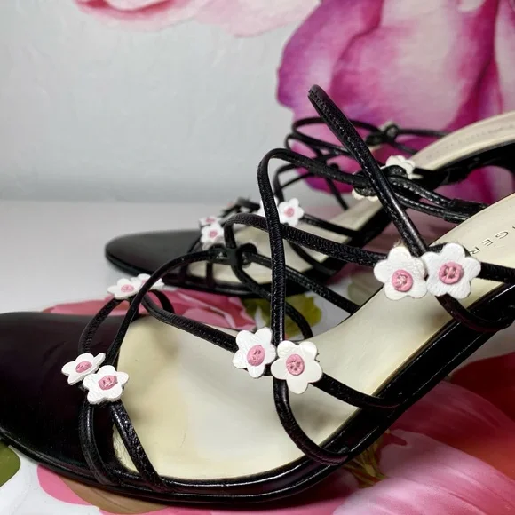 Tommy Hilfiger Black Strappy Heels with Pink Floral Accents - Picture 6 of 10